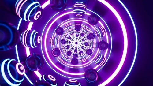 Vj Loop of Glowing Striped Neon Lights Bouncing Spheres Tunnel