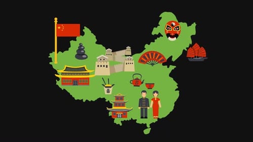 Flat Design China Map with Cultural Landmark Animation