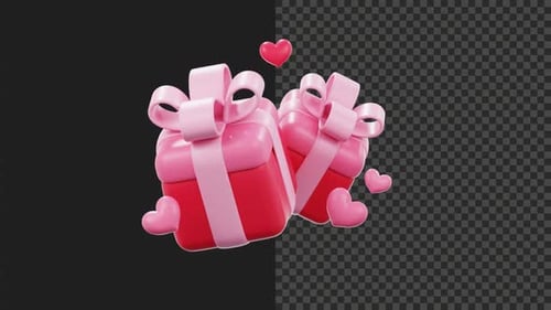 Animated 3D Gift Boxes with Pink Ribbons and Floating Hearts