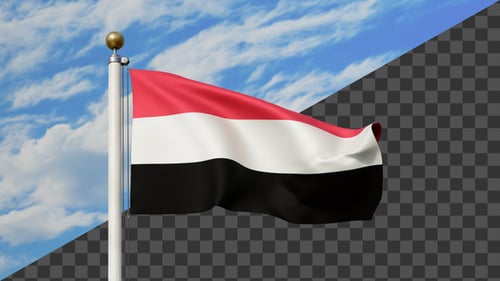 Realistic Waving Flag of Yemen on a Flagpole with Blue Sky