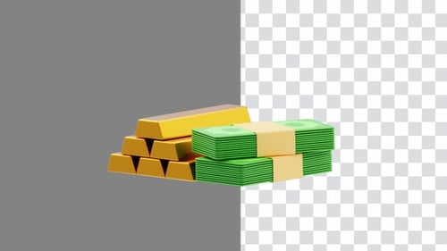 3D Animation of Pile of Dollar Bills with Shiny Gold Bars | Alpha Channel