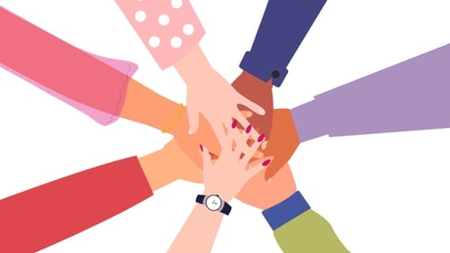 Diverse Hands Stacking Together in Teamwork Animation