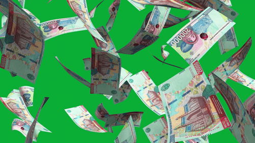 3D animation of Uzbekistani som notes Falling On Green screen