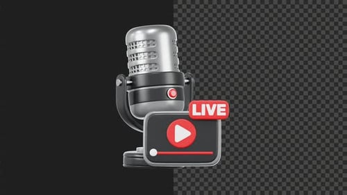 3D Animated Microphone with Pulsating Live Stream Icon