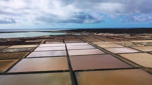 Spain. Salt plantations in the Canary Islands. The technology of salt production. Aerial view. Drone