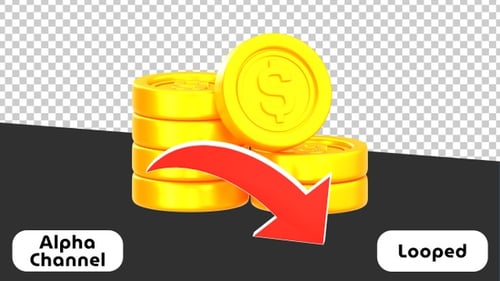 3D Animation of Stacked Gold Coins with Red Downward Arrow for Financial Loss | Alpha Channel