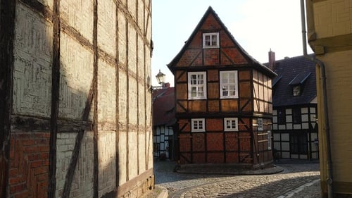 Residential buildings of medieval city in Europe. Traditional architecture half-timbered houses.