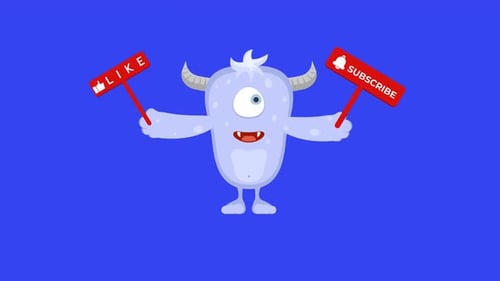 Animated Cartoon Monster Holding Social Media Call-to-Action Signs