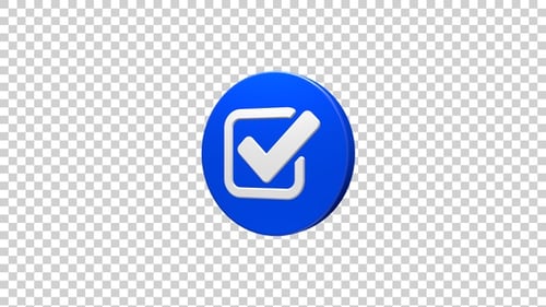 3D Animated Blue Checkmark Icon Rotating on Alpha Channel