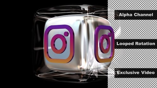 Rotation of the Instagram Logo in a Glass Cube, Alpha Channel, Unique Design, Exclusive, 3D Render