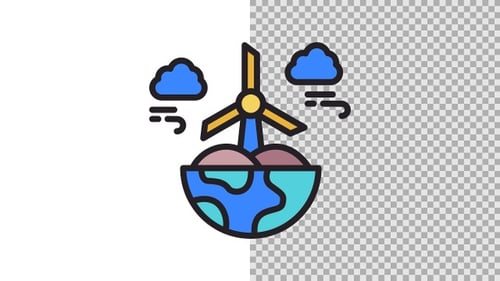 Animated Flat Design Windmill and Plant Growing from Earth Icon