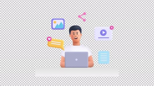 3D Person Using Laptop with Digital Communication Icons