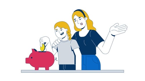 Child Learning to Save with Piggy Bank Flat Design Animation