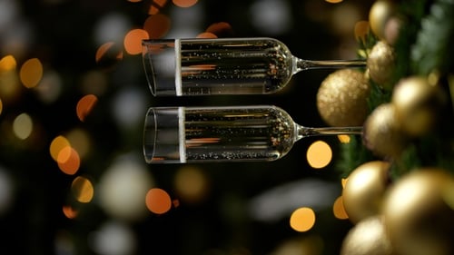 Two Champagne Glasses among Holiday Ornaments and Lights