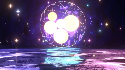 Abstract Neon Sphere with Orbiting Elements in Space