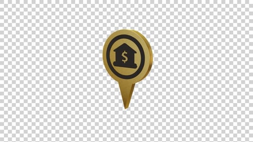 3D Golden Rotating Bank Location Map Pin Icon