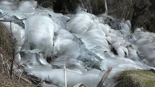 Iceland landscape, Frozen waterfall in winter, a magical winter location of water and ice. Nature.