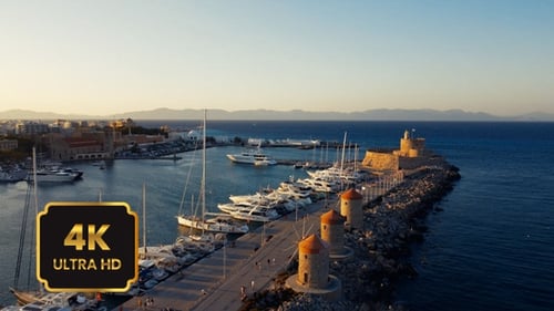 Drone capture of port of Mandraki, Rhodes Island in Greece