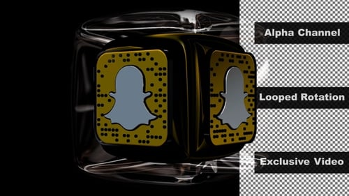 Drehung des Snapchat-Logos in einem Glaswürfel, Alphakanal, einzigartiges Design, Exklusiv, 3D-Render