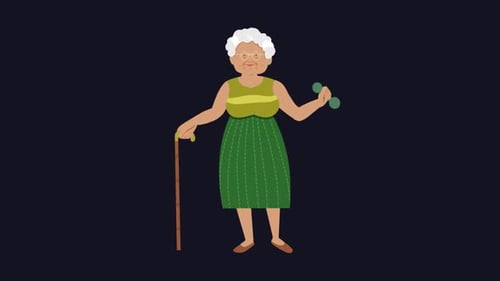 Animated Senior Woman Exercising with Dumbbell in Flat Design