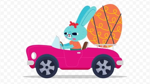 Animated Easter Bunny Driving Pink Car with Decorated Egg