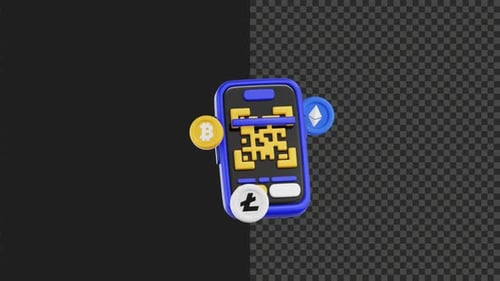 3D Animated Smartphone with QR Code and Cryptocurrency Icons