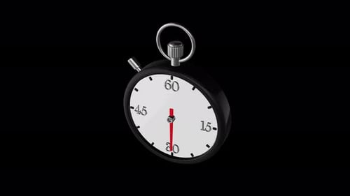 Black stopwatch clock with fast moving hands on transparent background. Ready to loop 3d animation