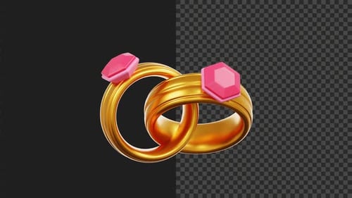 3D Animated Golden Interlocking Rings with Pink Gems