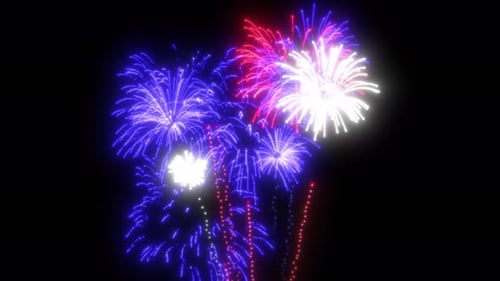 High-quality 4K fireworks explosion animation with glowing particles on an alpha background