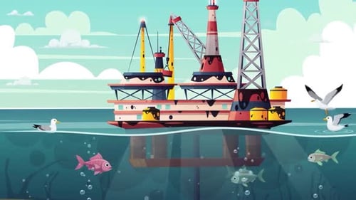 Offshore Crude Oil Drilling & Petroleum Production at Ocean with Marine Wildlife
