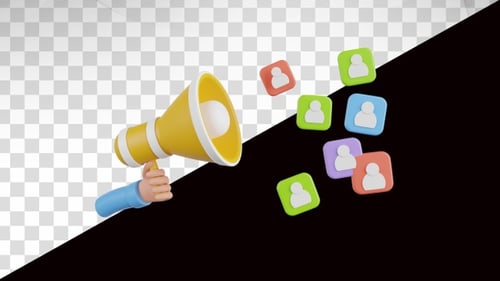 3D Hand Holding Megaphone Broadcasting User Icons Animation
