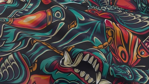 Waving Fabric Background with Vibrant Artistic Creature Pattern