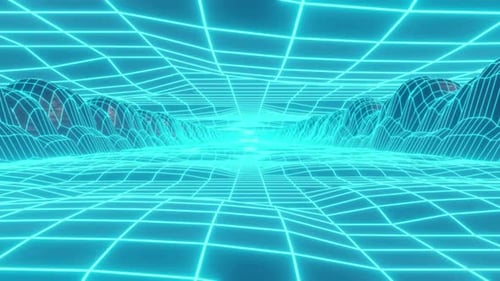 Flying Through Futuristic Neon Grid Landscape