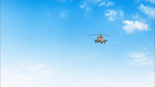 Military Helicopter Flying Across Blue Sky