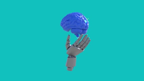 3D Robotic Hand Holding AI Brain with Animated Connections