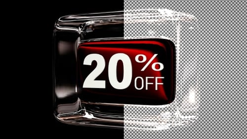 Glass cube with discount text - 20 percent off, Alpha Channel, Looped, Exclusive