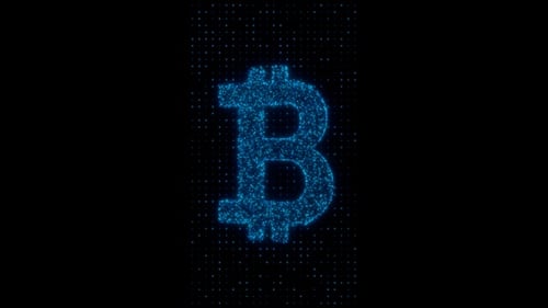 Vertical video blue neon bitcoin icon hologram loop animation