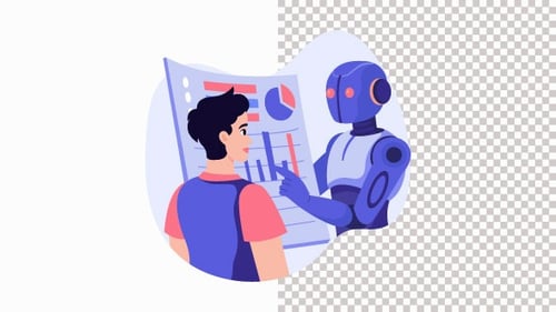 Human And A Robot Analyzing Complex Data Charts Animation Alpha Channel