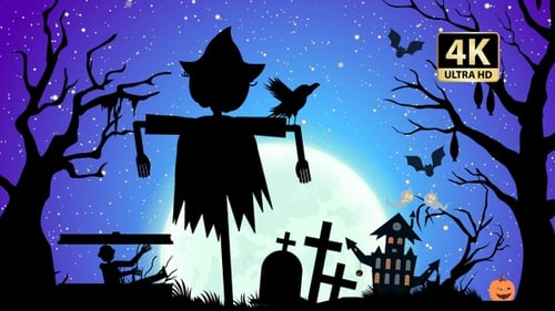 Animated Halloween Night Scene with Spooky Characters