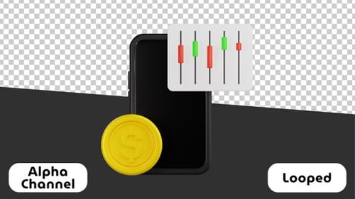 Animated 3D Smartphone with Candlestick Chart and Gold Coin