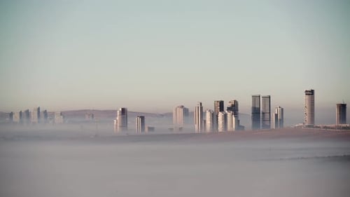 8K City Skyscrapers On Foggy Morning