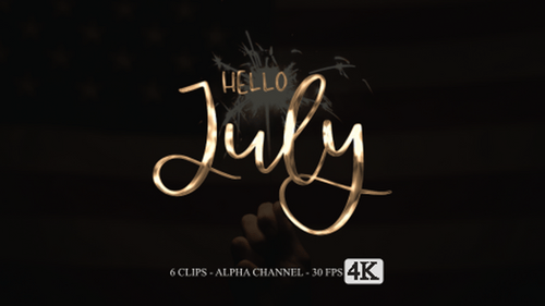 Shimmering Metallic Hello July Text Animation with Sparkling Particles