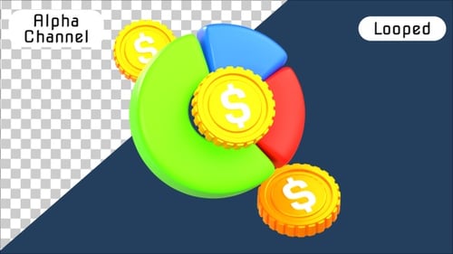 Financial Pie Chart with Dollar Coins 3D Animation | Alpha Channel