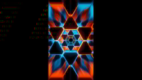Vertical video abstract blue and orange hexagon tunnel animation background