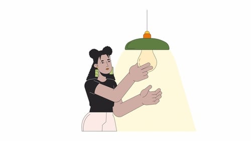 Animated Woman Installs Lightbulb for Idea Generation Concept