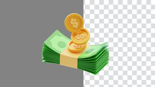 3D Animation of Stack of Cash with Dollar Bills and Coins | Alpha Channel