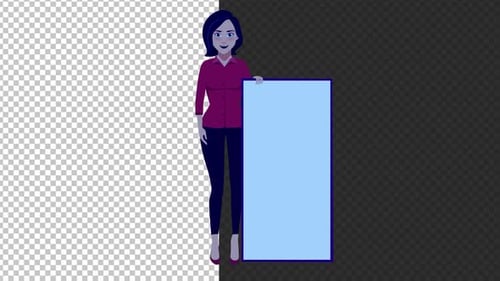 2D Woman Holding Sign with Transparent Background