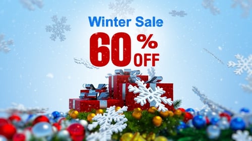 Animated Winter Sale Title with Christmas Gifts and Falling Snow