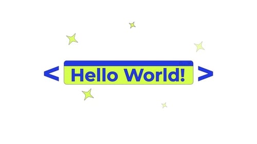 Banner de codificación de texto Hello World con destellos y corchetes de código, animación 2D