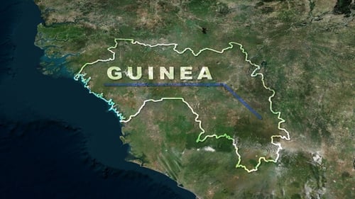 World Map Zoom to Guinea with Outline and Text Reveal